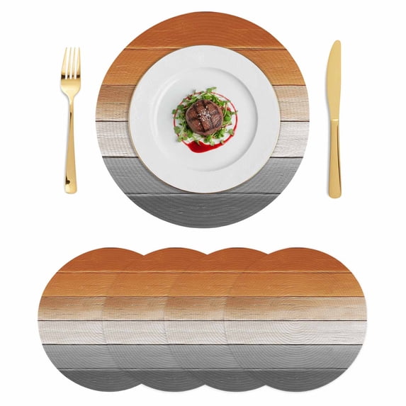 Orange Gray Round 15 Inch Placemats Set of 4, Farmhouse Retro Gradient Wooden Grain HeatResistant Non Slip Place Mats for Dining Table, Wipeable Braided Kitchen Table Mats for Housewarming