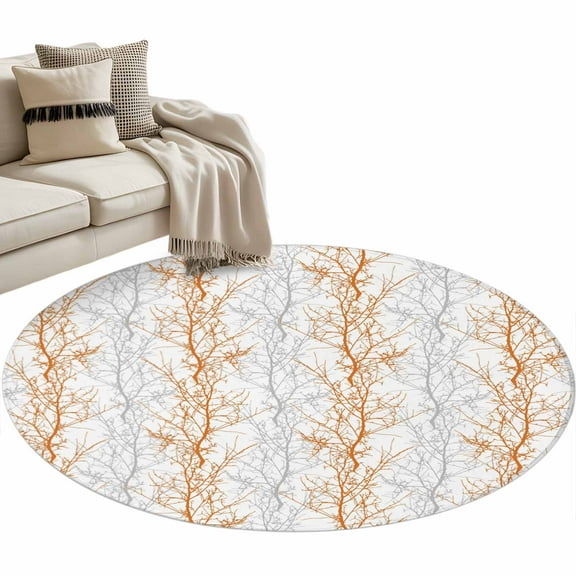 Orange Gray Round Area Rug 3 FT, Small Kitchen Bathroom Mat, Pastoral Botanical Branch Aesthetics Washable Indoor Outdoor Throw Runner Carpet Non-Shedding Doormat for Table Shower Sofa Entryway
