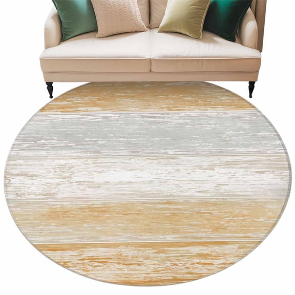 Orange Gray Round Living Room Rugs 8 ft, White Gradient Rustic Striped Minimalist Country Washable Large Area Rug with Non-Slip Sturdy Edge Binding Round Carpet for Dining Room Kitchen Office