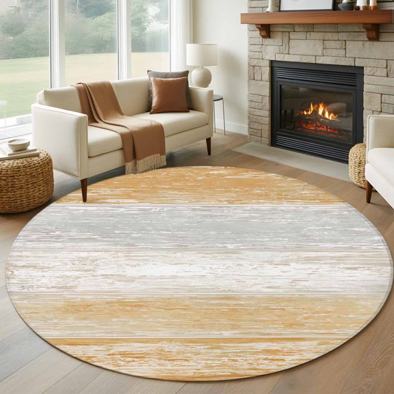 Orange Gray Round Rugs for Living Room 7ft White Gradient Rustic Striped Minimalist Country Non Slip Circle Rug Washable Low-Profile Indoor Carpet for Bedroom, Dining Room, Bathroom