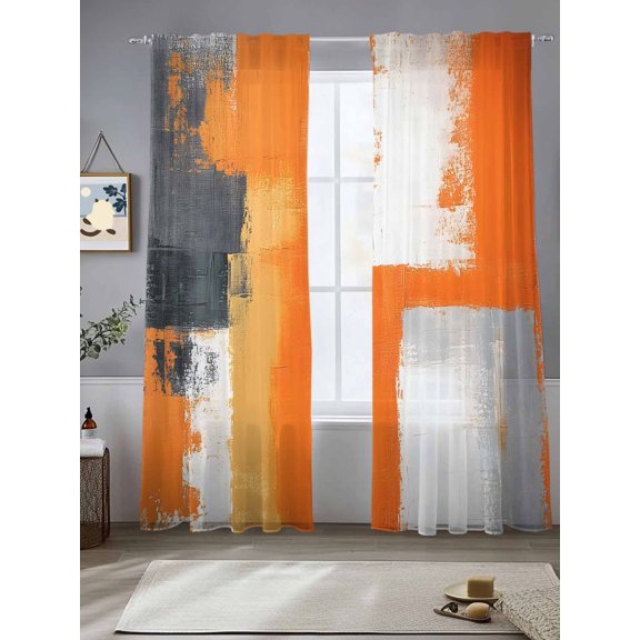 Orange Gray Sheer Curtains 108 Inches Long 2 Panels Geometric Graffiti Color Block Abstract Oil Paint Light Filtering Semi Sheer Window Curtains Drapes for Bedroom Living Room 52"x108"