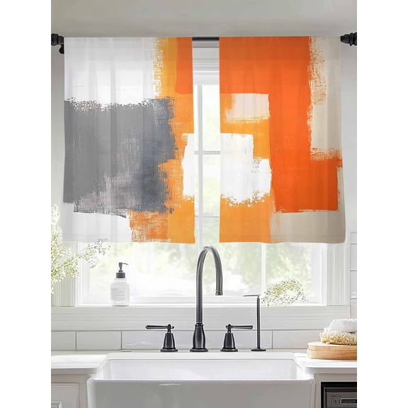 Orange Gray Sheer Curtains 45 Inches Long 2 Panels Graffiti Geometric Color Block Abstract Modern Light Filtering Semi Sheer Window Curtains Drapes for Bedroom Living Room 52"x45"