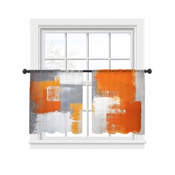Orange Gray Sheer Curtains 45 inches Long, Geometric Graffiti Mottled Color Block Abstract Light Filtering Sheer Window Curtains Rod Pocket Voile Drapes for Bedroom Living Room, 2 Panels