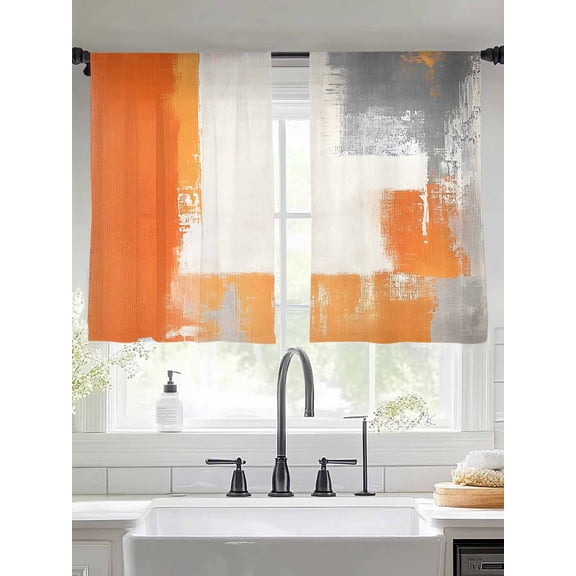 Orange Gray Sheer Curtains 54 Inches Long 2 Panels Geometric Graffiti Color Block Abstract Modern Light Filtering Semi Sheer Window Curtains Drapes for Bedroom Living Room 52"x54"