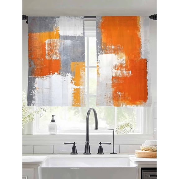 Orange Gray Sheer Curtains 54 Inches Long 2 Panels Geometric Graffiti Mottled Color Block Abstract Light Filtering Semi Sheer Window Curtains Drapes for Bedroom Living Room 52"x54"