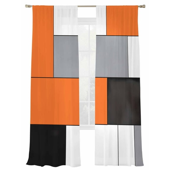 Orange Gray Sheer Curtains for Living Room Bedroom, Light-filtering Sheer Curtain, Abstract Color Block Rod Pocket Voile Window Treatment Drapes, 52’’Wx108’’L, 2 Panels Set