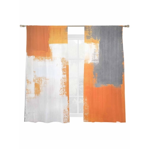 Orange Gray Sheer Curtains for Living Room Bedroom, Light-filtering Sheer Curtain, Geometric Abstract Graffiti Color Block Modern Rod Pocket Voile Window Treatment Drapes, 52’’Wx63’’L, 2 Panels Set
