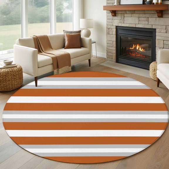Orange Gray Stripe 7' Round Rug for Living Room Conversation Area, Abstract Washable Non Slip Large Circle Area Rug for Living Room Dining Room, Bathroom Accent, Entryway, Beside Bed