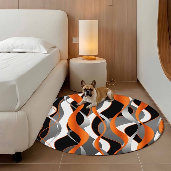 Orange Gray Stripes 3ft Round Rug for Bathroom Accent Bedside Corner, Abstract Art Modern Washable Non Slip Circle Area Rug for Small Spaces