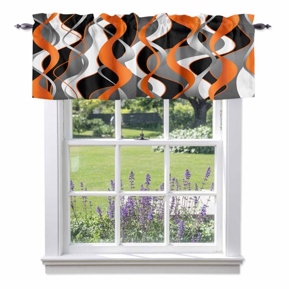 Orange Gray Stripes Light Filtering Valance Curtains, Abstract Art Modern Rod Pocket Short Window Valance for Kitchen and Bathroom Windows 1 Panel 42"x12"