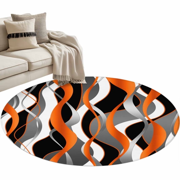 Orange Gray Stripes Round Area&nbsp;Rug 3.3ft Abstract Art Modern Non-Slip&nbsp;Washable Circle Rugs Soft Felt Indoor Floor Mat for Bedroom Kitchen Living Room Bathroom