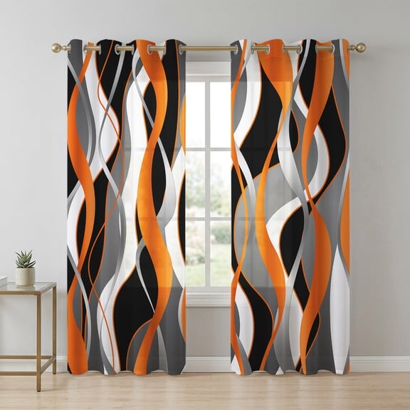 Orange Gray Stripes Sheer Curtains 84 Inch Long 2 Panels, Abstract Art Modern Light Filtering Semi Sheer Drapes Grommet Voile Window Curtain for Living Bedroom W52 x L84