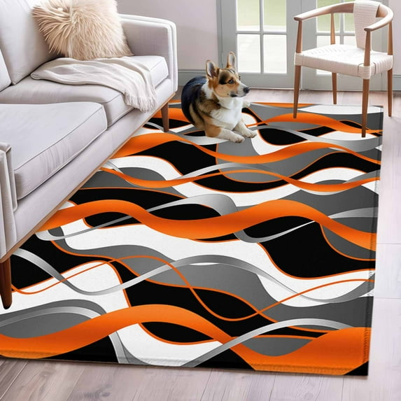 Orange Gray Stripes Washable Area Rugs 4'x6', Abstract Art Modern Low Pile Throw Living Room Rug Non-Slip Sturdy Edge Binding Carpet for Indoor Entryway Bedside Kitchen