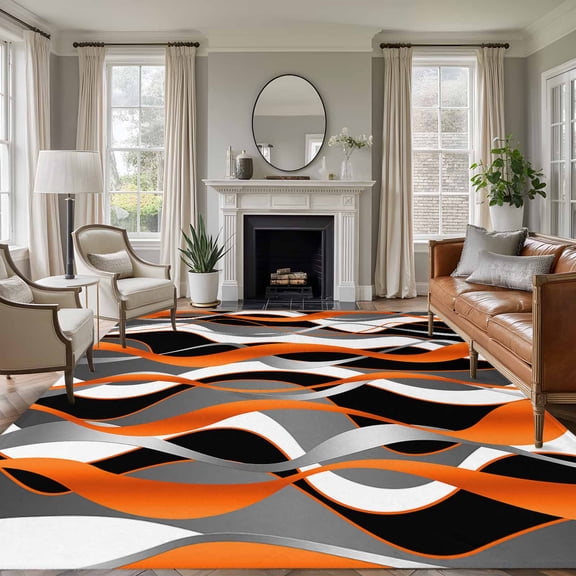 Orange Gray Stripes Washable Living Room Rugs 5'x8', Abstract Art Modern Low Pile Throw Large Area Rug Non-Slip Sturdy Edge Binding Carpet for Living Room Kitchen Office
