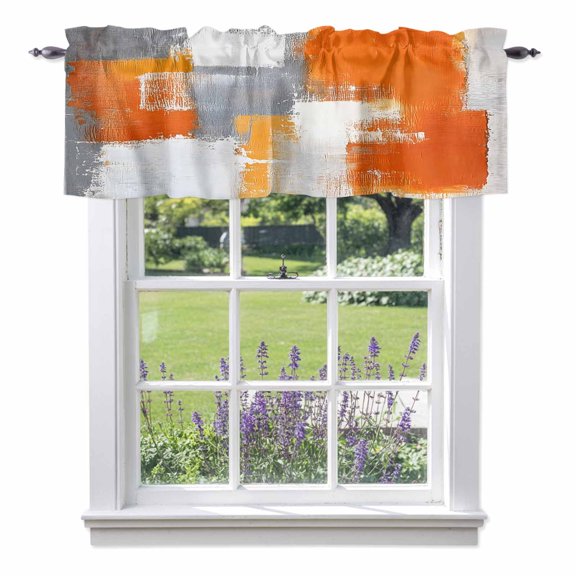 Orange Gray Valances for Windows, Geometric Graffiti Mottled Color Block Abstract Rod Pocket Short Window Valance Curtains Holiday Window Treatment for Kitchen Living Room Bathroom 42" x 12"