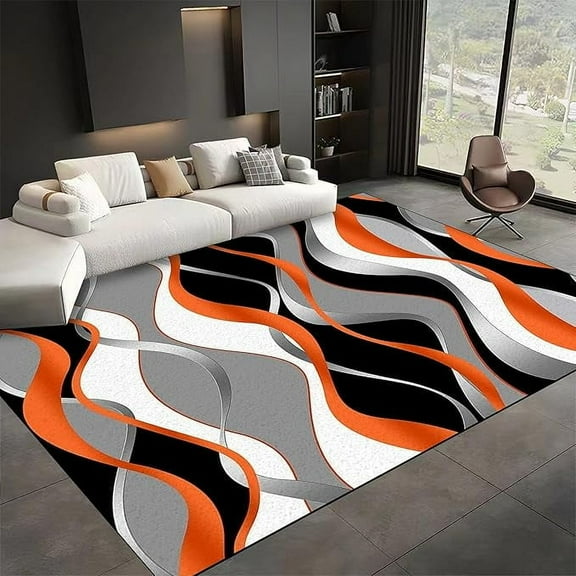 Orange Gray Wavy Area Rug, Abstract Black Gray Geometric Lines Washable Carpets, Cozy Breathable Absorbent Rugs, Reduce Noise Dirty Resistant Playing Mat For Sofa Entrance Family 5'3" x 6'7"