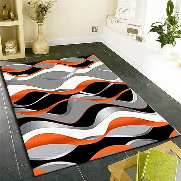 Orange Gray Wavy Area Rugs, Simple Geometric Lines Bedroom Carpet, Low Pile Anti-Slip Room Decor Rug, Soft Cozy Machine Washable Rug For Bedside Sofa Floor Living Room 4x5ft