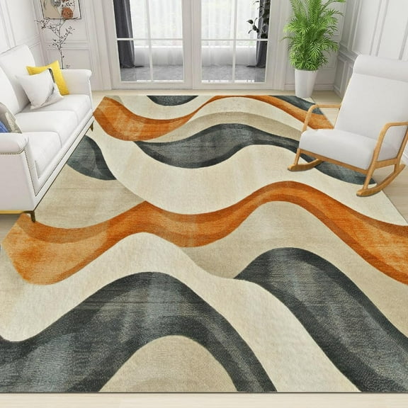 Orange and Gray Wavy Lines Living Room Area Rug Beige Simple Design Washable Bedroom Rug Soft Non-Slip Dining Room Carpet Reading Room Nursery Low Pile Rug 2x3ft