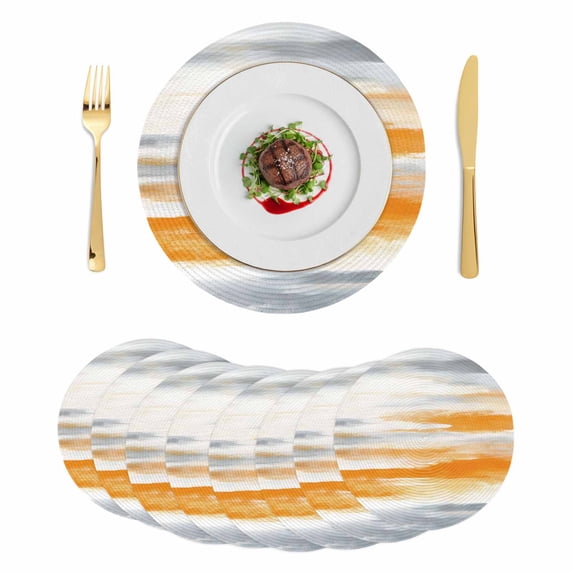 Orange Gray White Round 13 Inch Placemats Set of 8, Farmhouse Abstract Ombre Texture HeatResistant Non Slip Place Mats for Dining Table, Wipeable Braided Kitchen Table Mats for Housewarming
