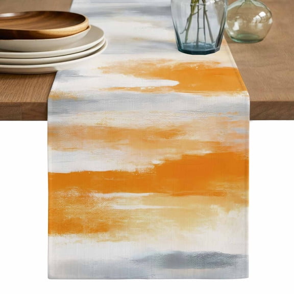 Orange Gray White Table Runner, Farmhouse Abstract Ombre Texture Washable Cotton Linen Table Runners 36 Inches Long, Dresser Scarf Runner for Nightstand/End Tables/Round Tables 13''x36''