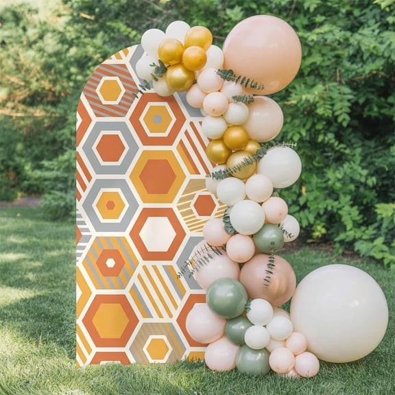 Orange Gray Yellow Hexagon Arch Backdrop Cover 5 FT, Abstract Art Geometric Striped Wedding Arch Cover Stretchy Backdrop Stands Covers for Birthday Party Ceremony Banquet Decor