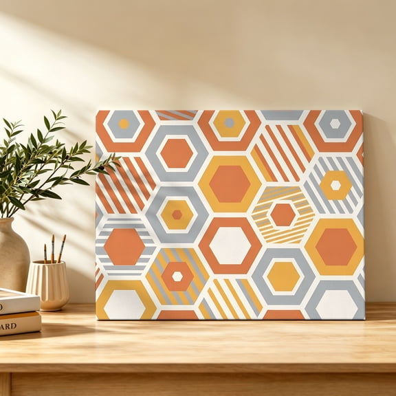 Orange Gray Yellow Hexagon Canvas Wall Art, Abstract Art Geometric Striped Wall Art Prints Artwork Framed Canvas Ready to Hang Art Pictures for Bathroom Bedroom Entry Desk Corner 10" x 8"