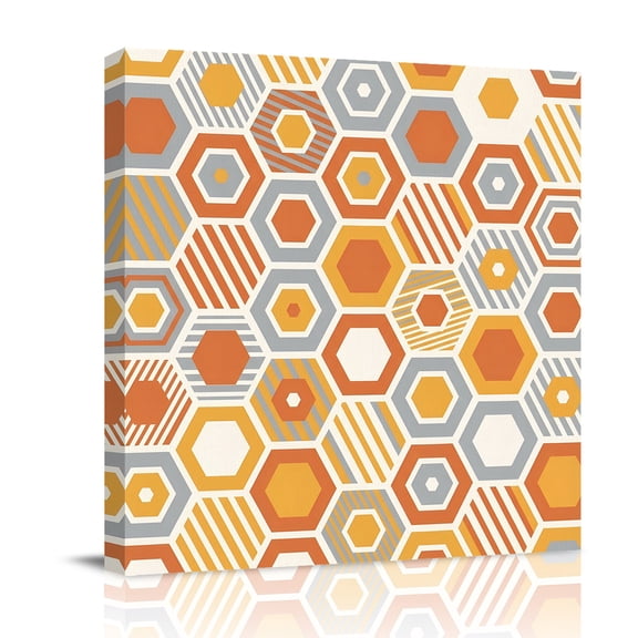 Orange Gray Yellow Hexagon Canvas Wall Art for Living Room, Abstract Art Geometric Striped Wall Decor Framed Artwork Pictures Ready to Hang for Bedroom Office Home Decor