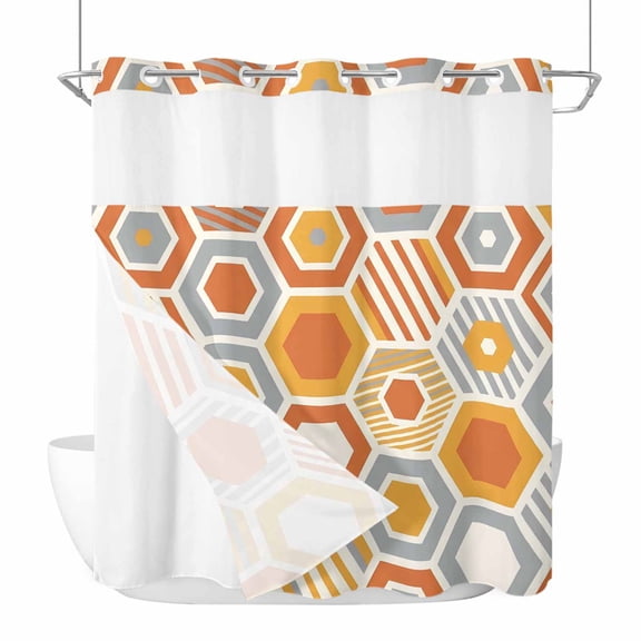 Orange Gray Yellow Hexagon No Hook Shower Curtain and Snap in Liner Set, Abstract Art Geometric Striped Waterproof Shower Curtain Liner Set with Mesh Top Window for Bathroom 72x72in