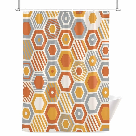 Orange Gray Yellow Hexagon Shower Curtain, 72" x 72", Abstract Art Geometric Striped Waterproof Bathroom Curtain Washable Shower Curtain Set with 12 Hooks