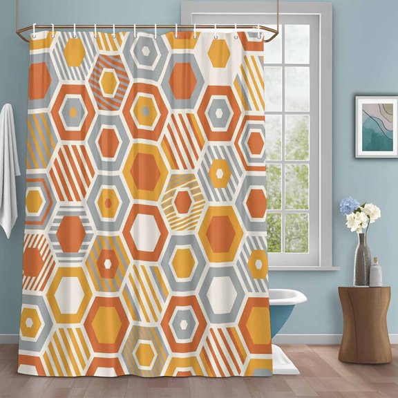 Orange Gray Yellow Hexagon Shower Curtain with Hooks, Abstract Art Geometric Striped Water Repellent Shower Curtains for Bathroom Decor Sturdy Shower Curtain, Machine Washable 36x72 Inch