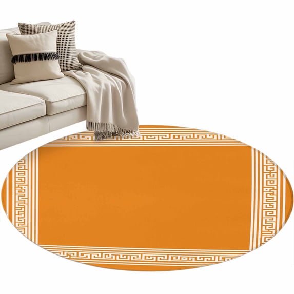 Orange Greek Key Large Area Rugs for Bedroom Living Room, Soft Non Slip Carpet Bedside Rug, White Greece Ancient Farmhouse Geo Round Floor Cover Kitchen Accent Rug 4' for Dining Room/Office
