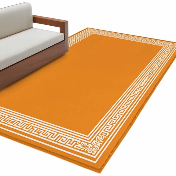 Orange Greek Key Living Room Rug 4x6 Washable Area Rug for Bedroom, Non-Slip Dining Room Rugs White Greece Ancient Farmhouse Geo Indoor Carpet for Kitchen Entryway Office Nursery Laundry