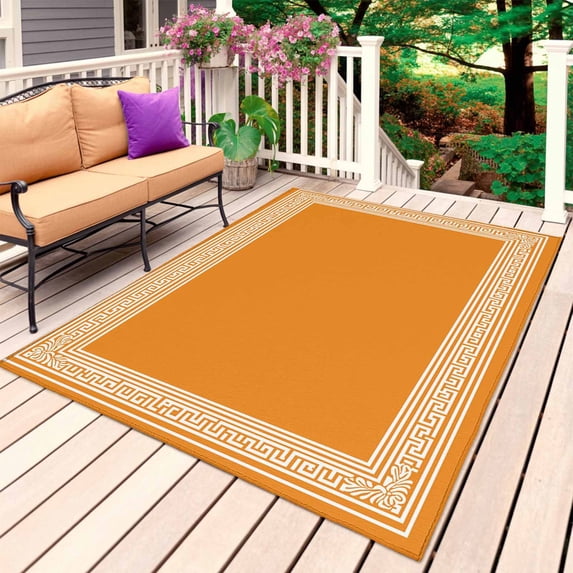 Orange Greek Key Outdoor Rug for Patio/Deck/Porch, Non-Slip Large Area Rug 3 x 5 Ft, White Greece Ancient Farmhouse Geo Indoor Outdoor Rugs Washable Area Rugs, Reversible Camping Rug Carpet Runner