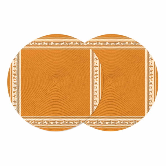 Orange Greek Key Round 15 Inch Placemats Set of 2, White Greece Ancient Farmhouse Geo HeatResistant Non Slip Place Mats for Dining Table, Wipeable Braided Kitchen Table Mats for Housewarming