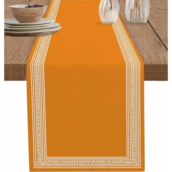 Orange Greek Key Short Table Runners 48 Inches, Cotton Linen Fabric Table Runner Dresser Scarf, White Greece Ancient Meander Fret Tablerunner for Party/Kitchen/Dinner/Wedding Decor 13''''x48''''