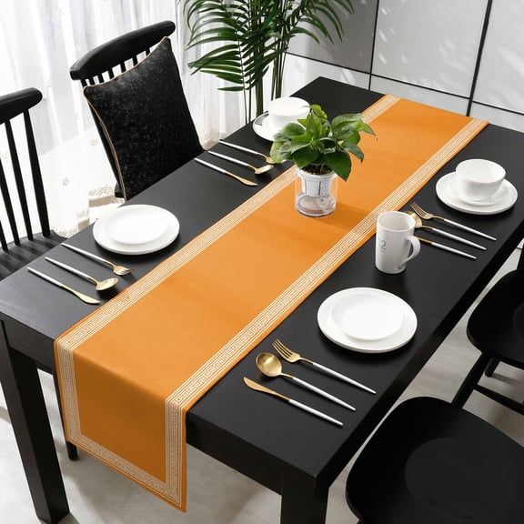 Orange Greek Key Table Runner 36 Inches Small - White Greece Ancient Farmhouse Geo Kitchen Dining Burlap Linen Tablerunner for Small/Round/Square/Wedding/Coffee/Dining Table Party Home Décor 13 x 36