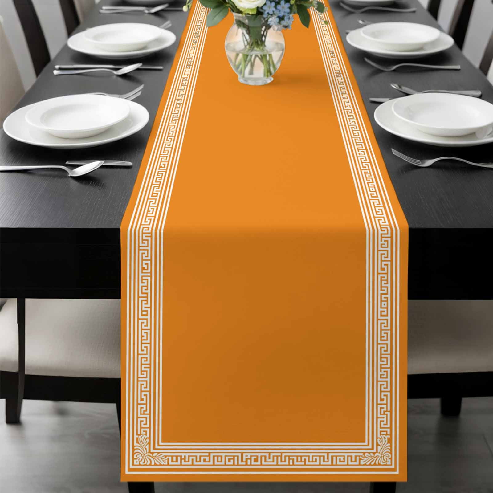 Orange Greek Key Table Runner 48 Inches Long, White Greece Ancient ...