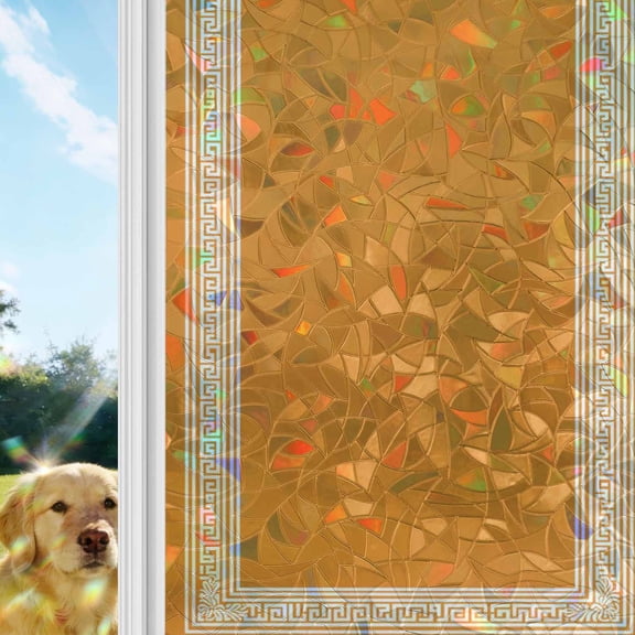 Orange Greek Key Window Privacy Film Stain Glass,Reusable Decorative Rainbow Window Film,White Greece Ancient Farmhouse Geo Static Cling Sun Blocking Stickers Decals Covers 17.7" x 39.3" (2pcs)