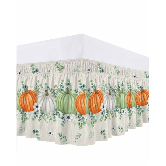 Orange Green Bed Skirt King Size 18 Inch Drop, Pumpkin Eucalyptus Leaves Thanksgiving Linen Wrap Around Dust Ruffle Bedskirts, Wrinkle & Fade Resistant Easy Fit Bedskirt with Adjustable Elastic