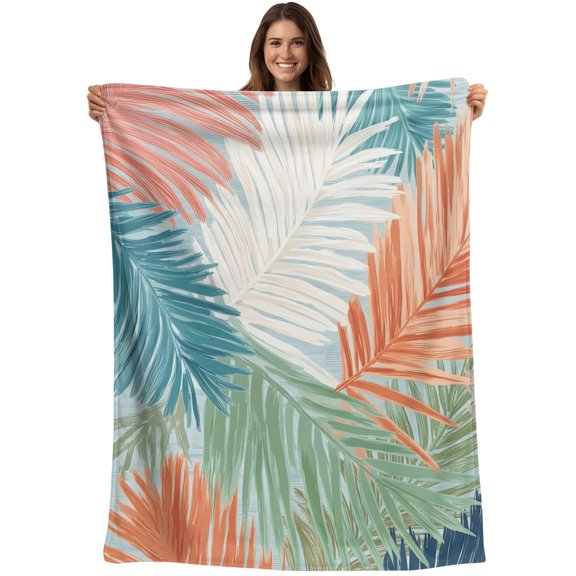 Orange Green Blue Palm Leaves Blanket Soft Cozy Warm Throw Blanket for Couch, Plush Fuzzy Flannel Blankets for Sofa, Summer Tropical Botanical Bed Blankets Lightweight Gifts for Women, 30"x40"