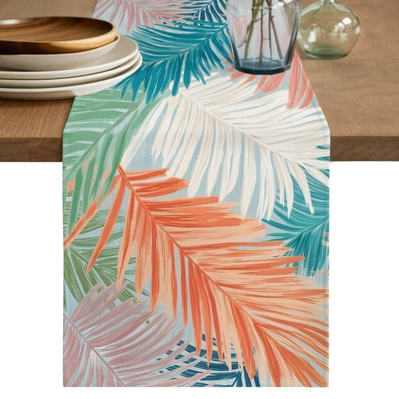 Orange Green Blue Palm Leaves Short Table Runner 36 Inches Long,Summer Tropical Botanical Cotton Linen Table Runners Dresser Scarves,Fabric Tabletop Scarf Furniture Cover for Dinner Party 13"x36"