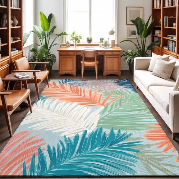 Orange Green Blue Palm Leaves Washable Area Rug 9 x 12 ft Summer Tropical Botanical, Soft Non Slip Rugs Stain Repellent Indoor Felt Carpet for Living Dining Room Bedroom Home Office