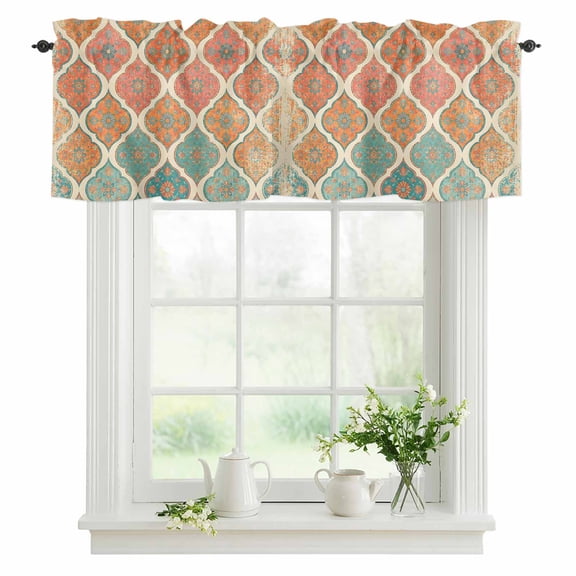 Orange Green Boho Geometric Valances for Windows, Rod Pocket Kitchen Valance Curtains - Soft & Washable Small Window Treatment for Living Room, Bathroom, Bohemian Morocco Pattern 42x12inch, 1 Panel