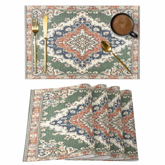 Orange Green Boho Placemats Set of 12, Medieval Vintage Ethnic Floral Abstract Placemats for Dining Table, Place Mats for Kitchen Tabletop, Waterproof Wipeable Dining Table Mats Set