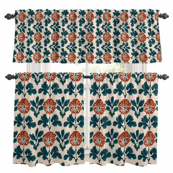 Orange Green Botanical Art Kitchen Curtains Sets for Windows 24 Inch Length, Summer Greenery Floral Rod Pocket Window Treatments Tier Curtains and Valances Set for Bedroom/Bathroom