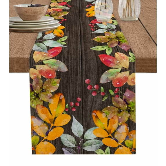 Orange Green Botanical Burlap-Cotton Table Runner 72 Inches Long,Watercolor Farmhouse Leaf Brown Farmhouse Table Runners,Outdoor Dining Tablecloths Decor for Baby Shower Party Wedding 14x72