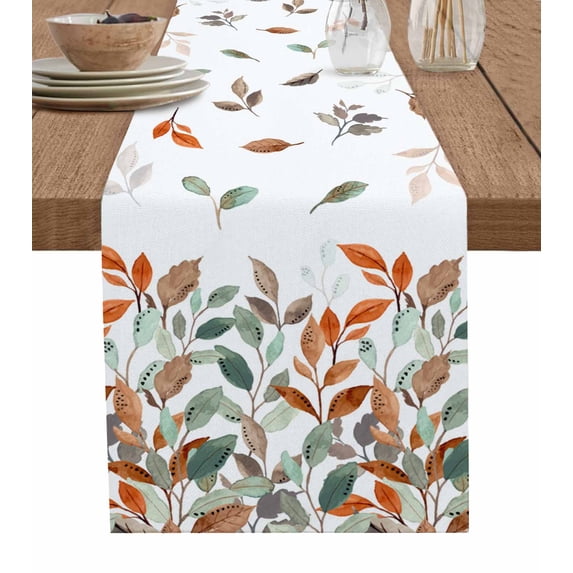 Orange Green Botanical Burlap-Cotton Table Runner 90 Inches Long,Vintage Pastoral Leaf Farmhouse Table Runners,Outdoor Dining Tablecloths Decor for Baby Shower Party Wedding 13x90
