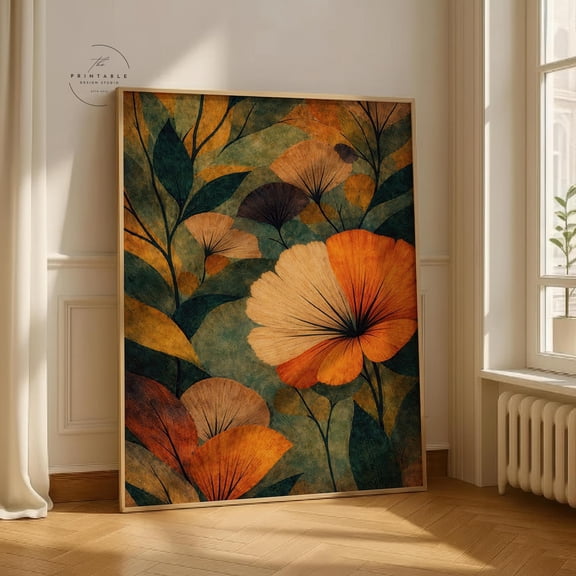 Orange Green Botanical Mid Century Decor Wall Art