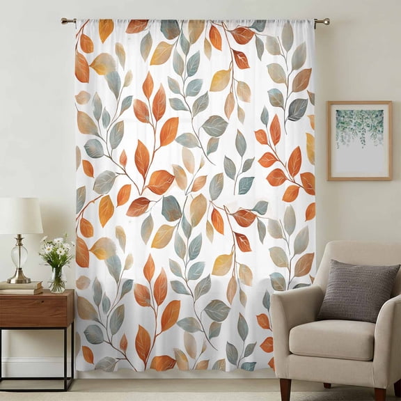 Orange Green Botanical Sheer Curtains 45 Inches Long, Watercolor Spring Floral Light Filering Curtains, Breathable Simi Curtain Privacy Drapes for Kitchen Bathroom Lightweight Small Window Treatment