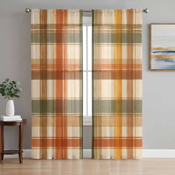 Orange Green Checked Sheer Curtains 72 Inches Long, Fall Thanksgiving Buffalo Plaid Light Filtering Window Curtains for Living Room, Rod Pocket Voile Sheer Curtain Drapes, 52"W x 72"L, 2 Panels